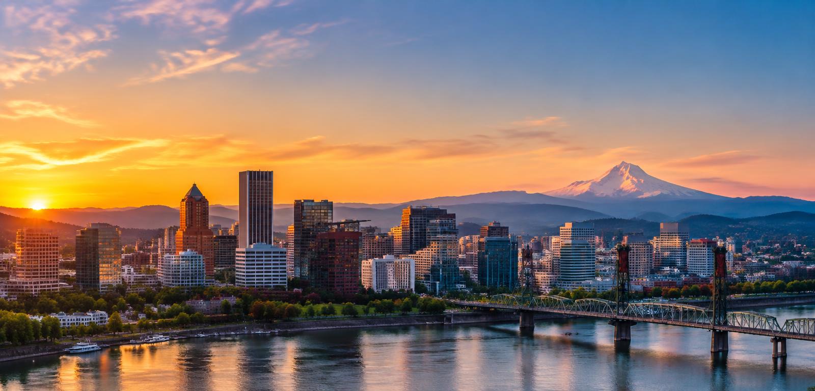 Portland skyline, Willamette River, and Mount Hood at sunset